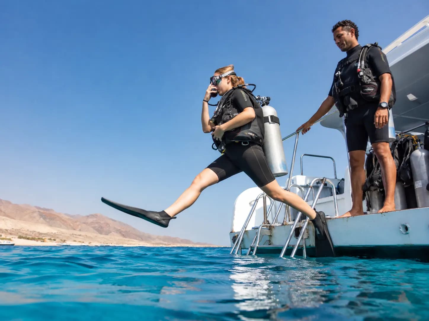 Beginner trying scuba diving for the first time in the Red Sea
