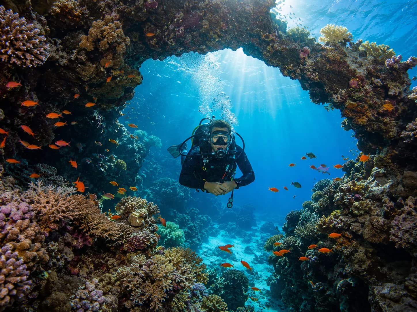 Buceador certificado explorando un arrecife del mar Rojo con Dive Red Sea