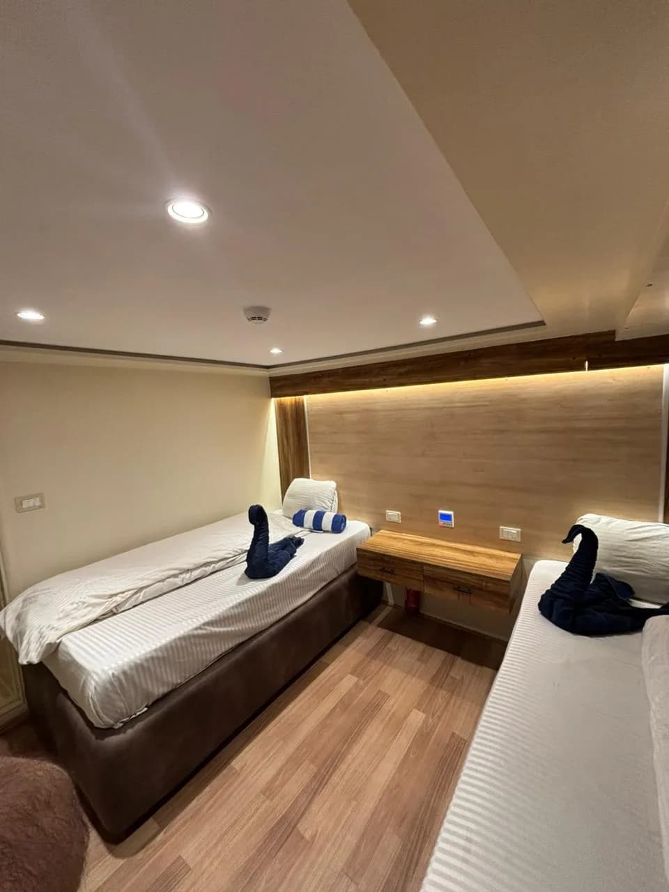 Twin bedded cabin with a sea view window