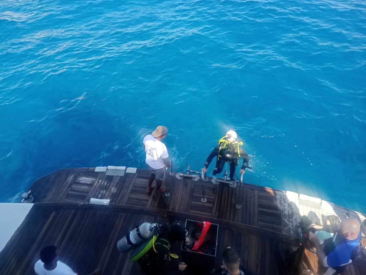 The dive deck and platform at the stern, before a dive