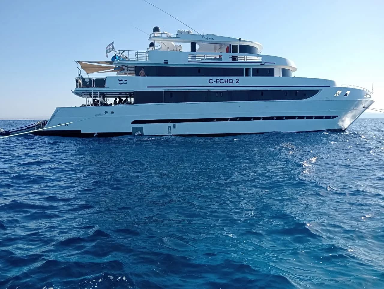 The Red Sea liveaboard boat at anchor in open water