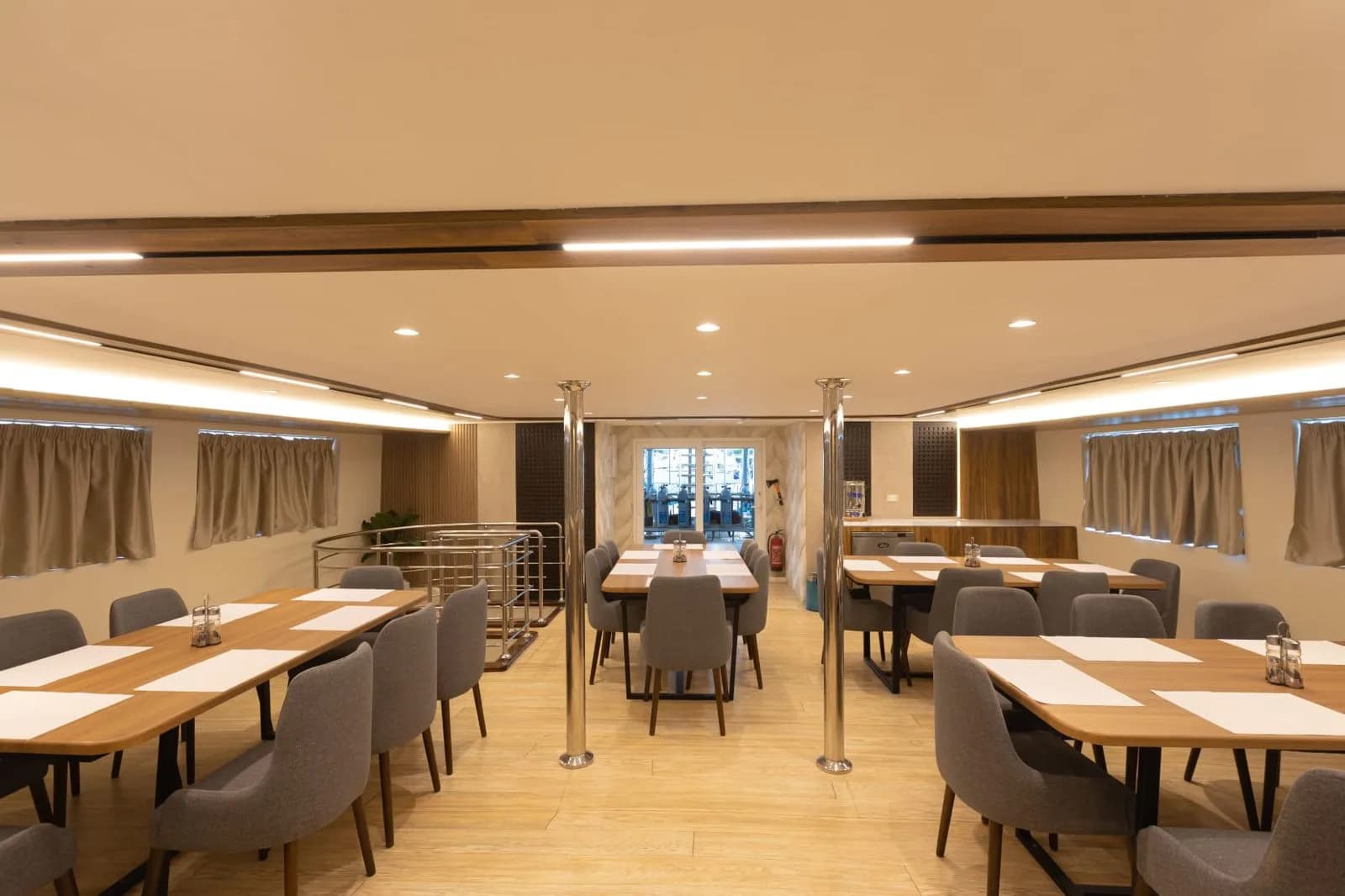 The restaurant on board, laid for dinner