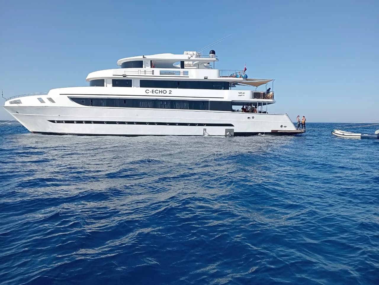 The Red Sea liveaboard boat at anchor in open water