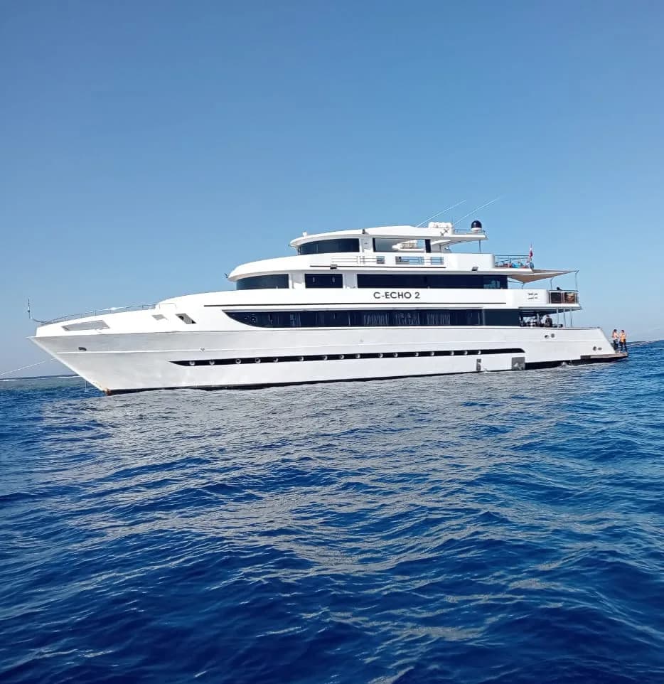 The Red Sea liveaboard boat at anchor in open water