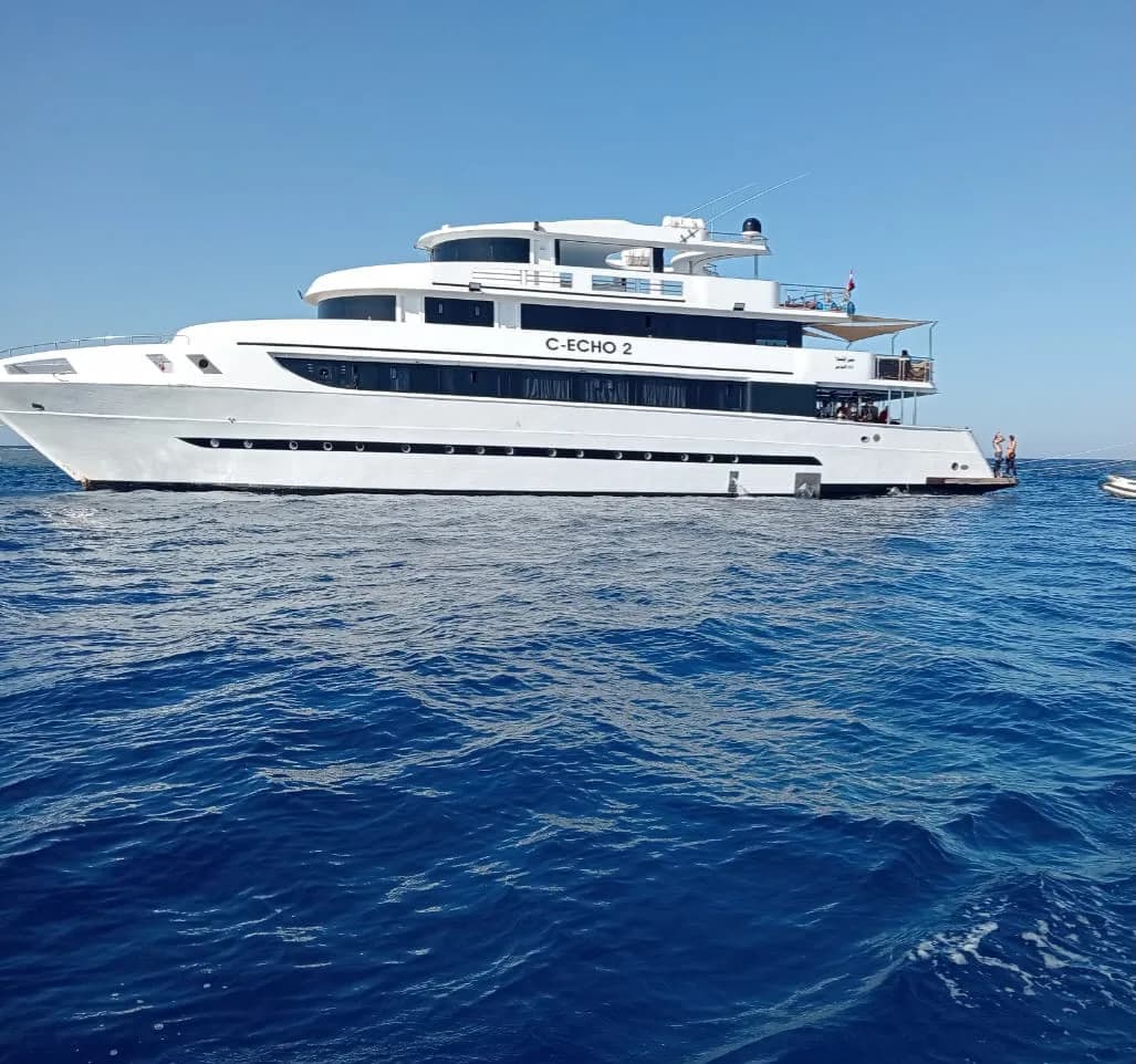 The Red Sea liveaboard boat at anchor in open water