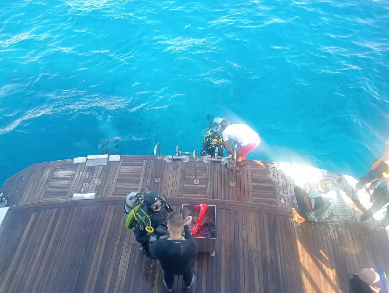 The dive deck and platform at the stern, before a dive