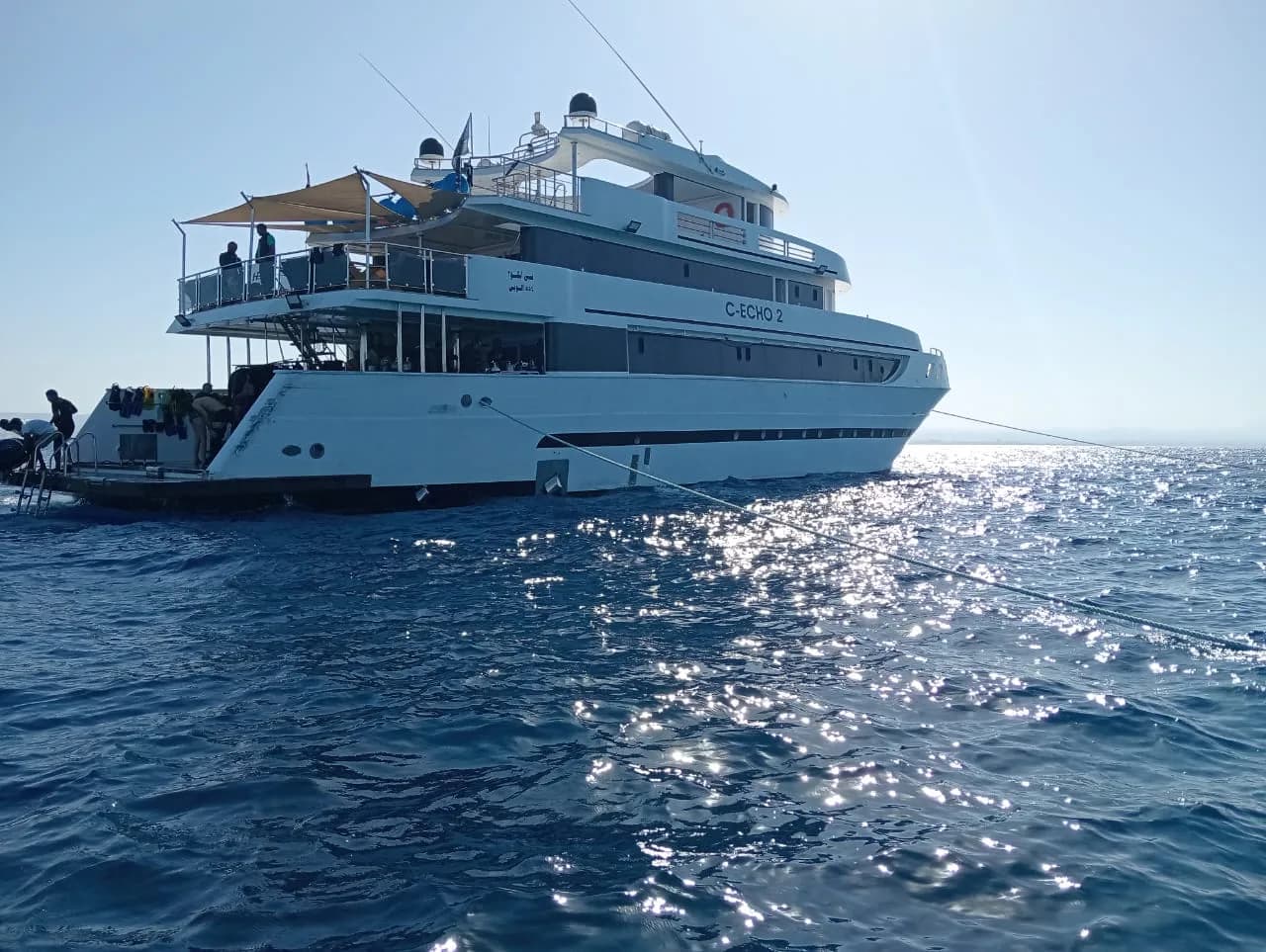 The Red Sea liveaboard boat at anchor in open water