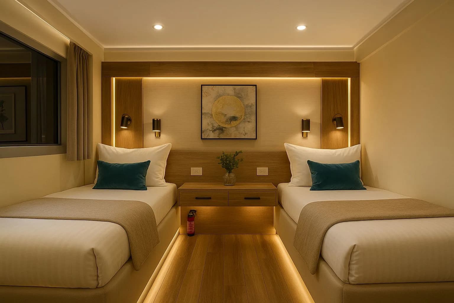 Twin bedded cabin with a sea view window