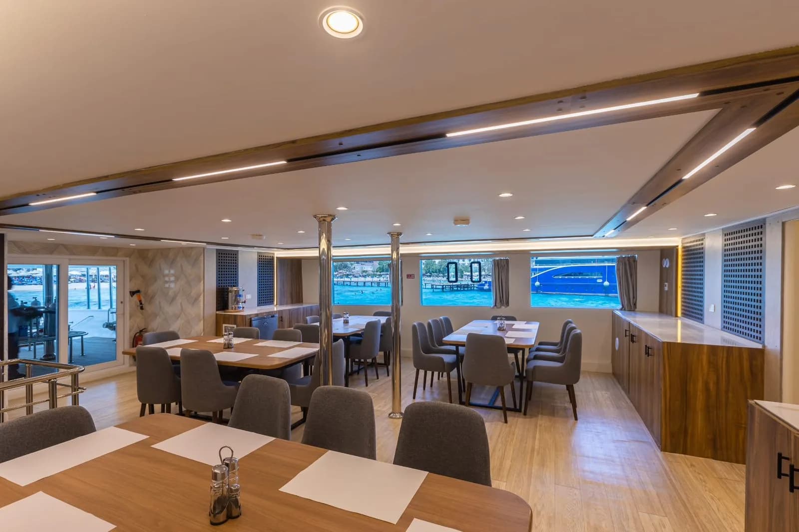The restaurant on board, laid for dinner